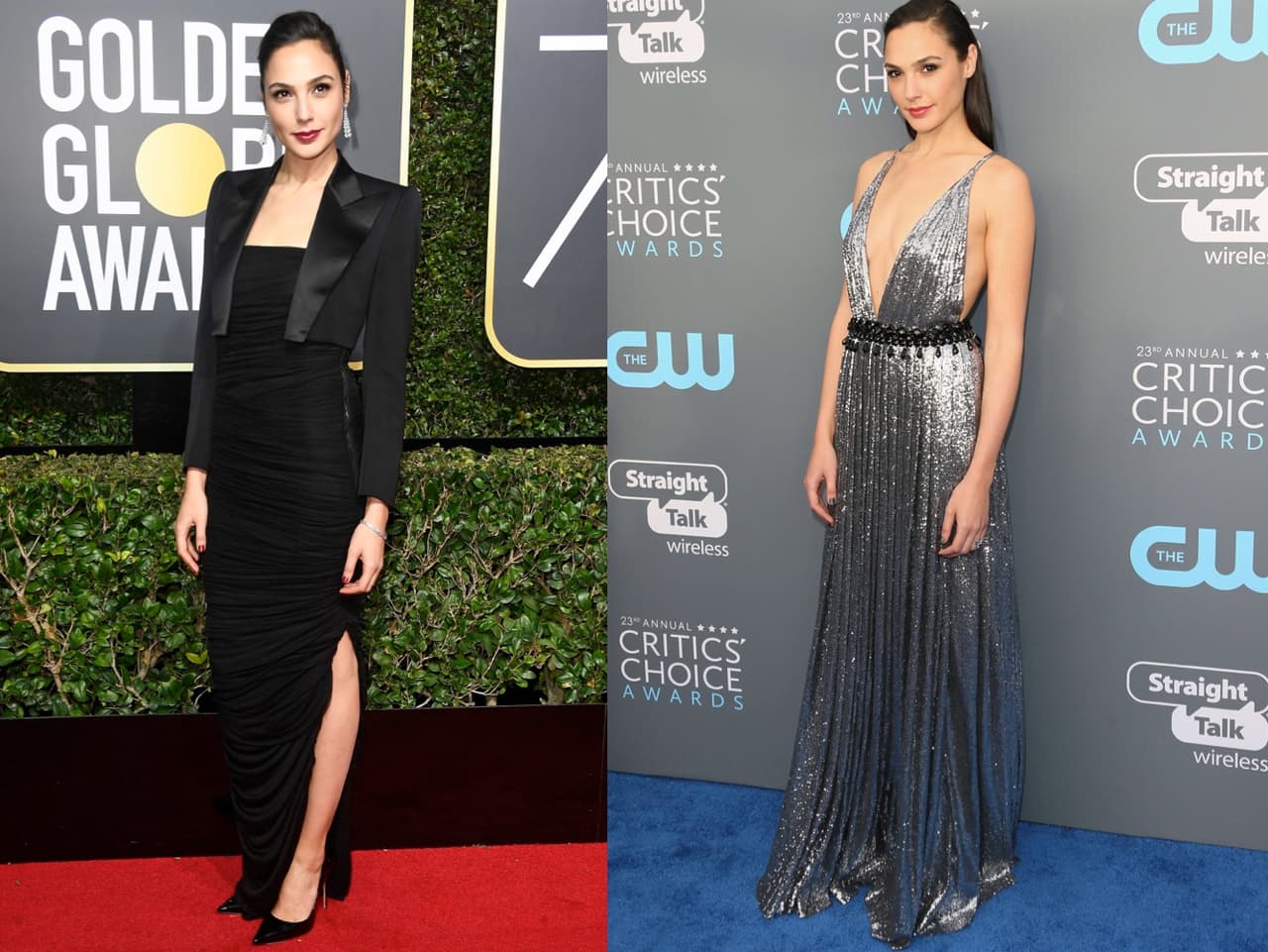 La 'Mujer Maravilla', Gal Gadot, llegó a los Globos de Oro con un sencillo vestido negro, pero para los Critics' usó un diseño plateado de la línea italiana Prada.