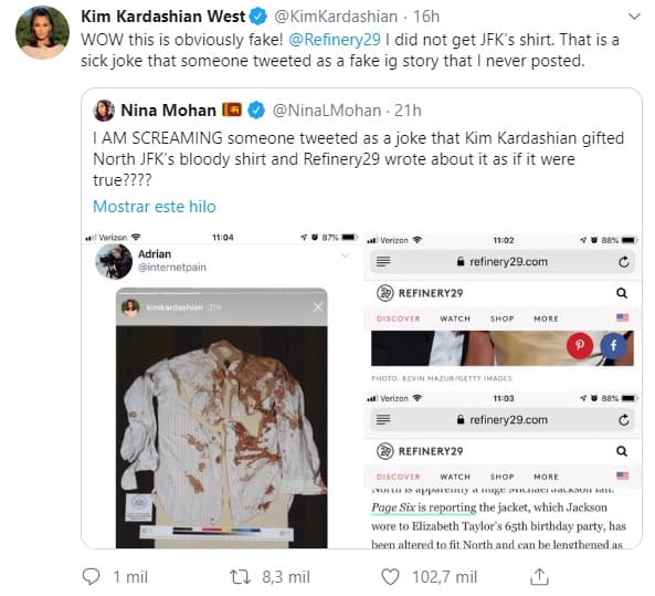 “¡Guau, esto es obviamente falso! Refinery29 no obtuve la camisa de JFK", escribió en
<b><a href="https://twitter.com/KimKardashian/status/1211811488853217280" target="_blank"> Twitter</a></b>.