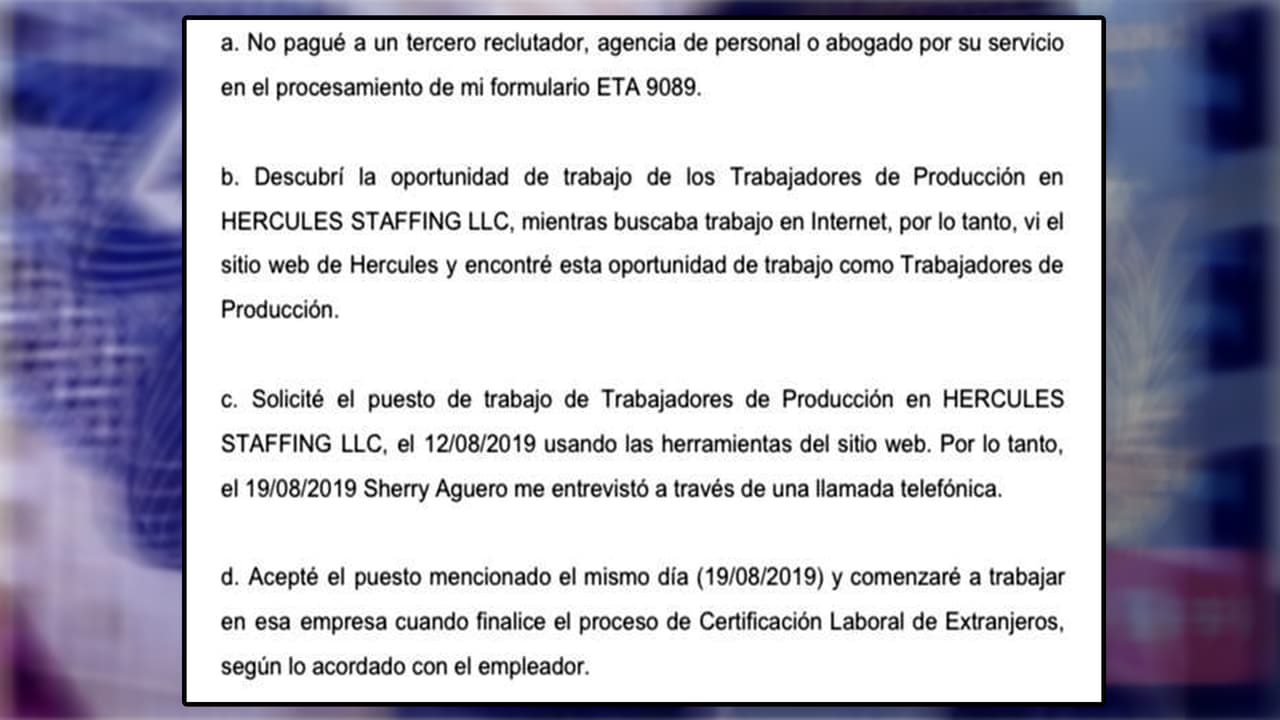 Entrevistados por 
<i>Univision 32</i> compartieron un presunto contrato enviado por Molina que indica que las personas encontraron la oferta de trabajo de Hercules Staffing a través de una aparente búsqueda en Internet.
