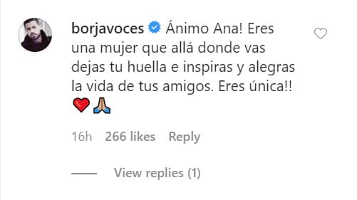 "¡Ánimo Ana! Eres una mujer que allá donde vas dejas tu huella e inspiras y alegras la vida de tus amigos. ¡Eres única!", le escribió su compatriota. 
<br>