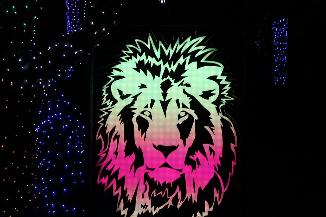 La figura del león con luces que cambian de color se encuentra a las afueras de donde se encuentra este animal.