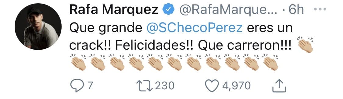 No dejan de caer felicitaciones en las redes sociales para Sergio Pérez tras su victoria en las Formula 1. ¡Histórico!