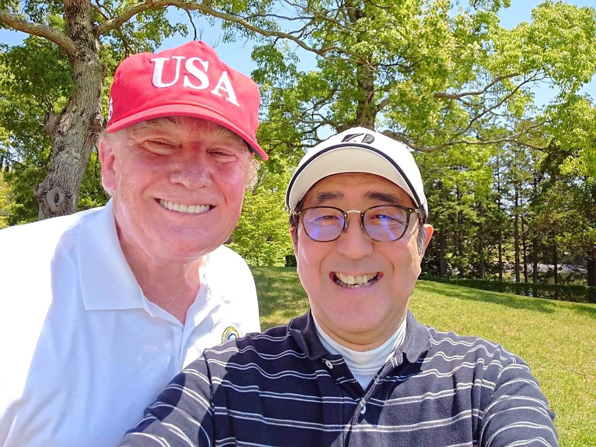 Japan's Prime Minister Shinzo Abe poses for a selfie with U.S. President Donald Trump at Mobara Country Club in Mobara, Chiba prefecture, Japan, May 26, 2019, in this picture obtained from social media. Courtesy of Instagram @kantei, Prime Minister's Office, Japan/via REUTERS THIS IMAGE HAS BEEN SUPPLIED BY A THIRD PARTY. MANDATORY CREDIT. NO RESALES. NO ARCHIVES.