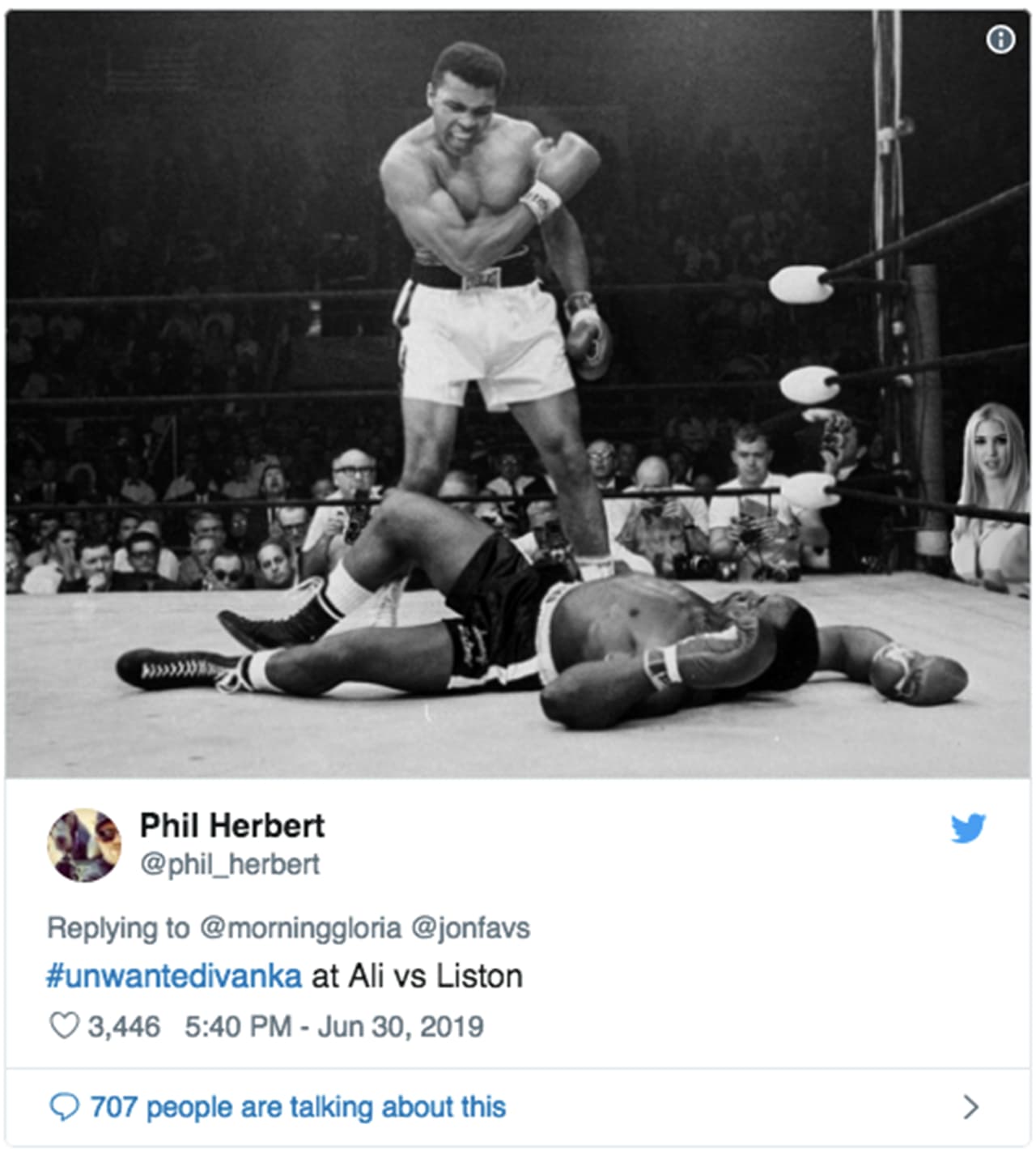 La pelea entre Muhammad Ali y Sonny Liston en los años 60. / Crédito: 
<a href="https://twitter.com/phil_herbert/status/1145447067923312640" target="_blank">@phil_herbert/Twitter </a>