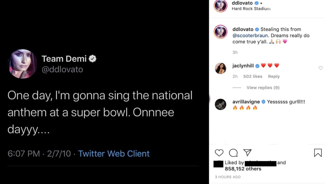 Antes de su emotiva rendición musical, Demi Lovato compartió este tuit en sus redes sociales. Daría cuenta de que ella, en 2010, ya había expresado que algún día cantaría el himno en el Super Bowl. 10 años despu´és, su sueño se hizo realidad.