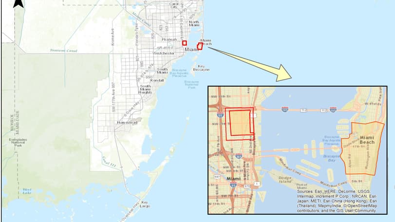 Área de transmisión activa de zika en Miami Beach que fue fumigada con Naled.