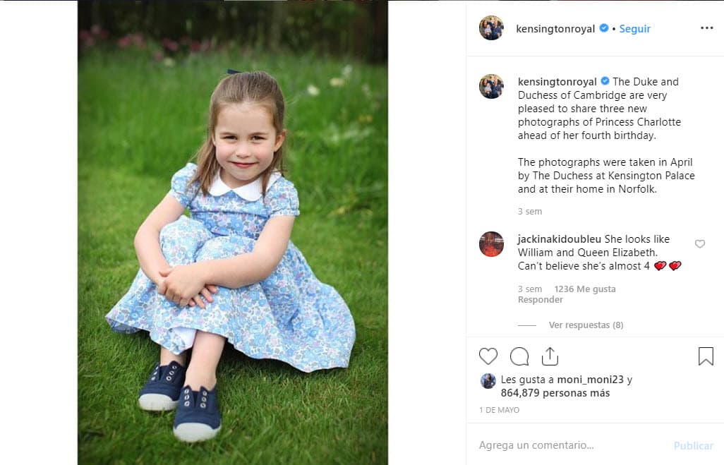 El gusto que Kate tiene por la fotografía ha sido evidente en varias ocasiones. Apenas el pasado 1 de mayo de 2019, la cuenta oficial del palacio de Kensington publicó una 
<b><a href="https://www.univision.com/famosos/la-fotografa-kate-middleton-sorprende-nuevamente-con-tiernas-fotos-ahora-de-la-princesa-charlotte-fotos" target="_blank">serie de fotos tomadas por ella</a></b> en donde se observan a sus hijos. En esta imagen aparece la princesa Charlotte.