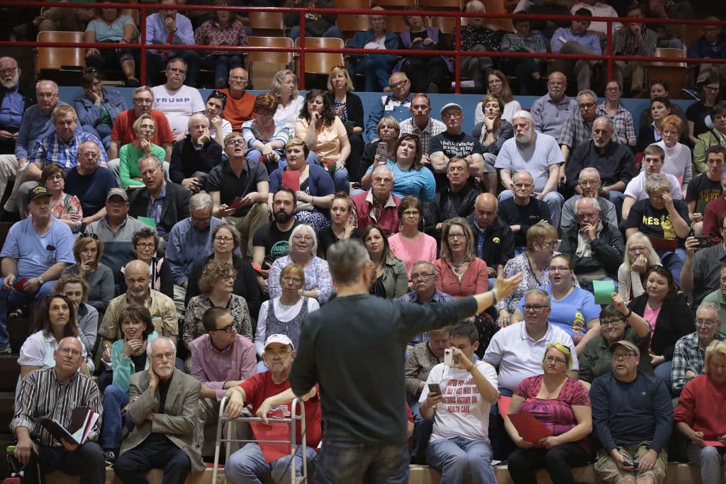 DUBUQUE, IA - MAY 08: Congressman Rod Blum (R-IA) speaks to constituents during a town hall meeting on May 8, 2017 in Dubuque, Iowa. The meeting is the first of four town hall meetings Blum has scheduled in his district this week. Many of the people at the event were angry with the changes the House of Representatives have made to the Affordable Care Act. (Photo by Scott Olson/Getty Images)