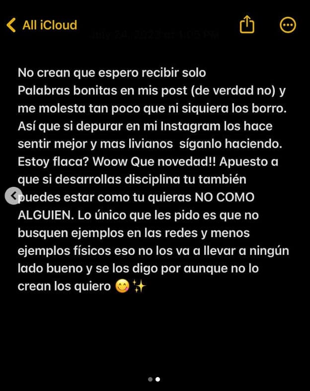 En una imagen adicional dijo que "no esperaba recibir solo palabras bonitas" tras su dura publicación: "No me molesta", aclaró,
<b>"¿estoy flaca?, ¡wow, qué novedad".</b>
<br>