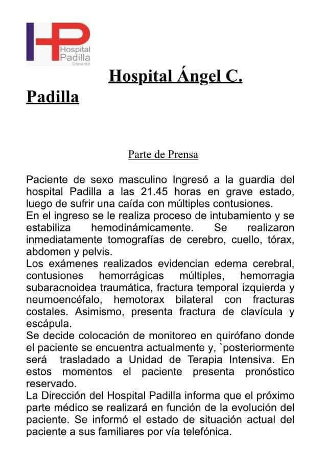 Sergio tuvo que ser trasladado urgentemente en ambulancia al Hospital Público Ángel C. Padilla, el mismo 11 por la noche. En el hospital el paciente se encontraba en grave estado y con pronóstico reservado, según el parte médico.