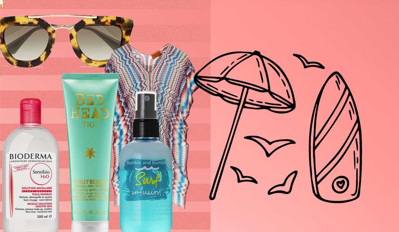 Pase lo que pase tienes que desmaquillarte la piel, Sensibio H20 de Bioderma es perfecta para cumplir esta tarea. Evita cargar con la secadora lávate el pelo con el shampoo y el acondicionador Tottally Beach In the Bed Head. Para el acabado con ondas marítimas usa el Spray Surf Infussion de Bumble and bumble. No debes de olvidar los lentes de sol pues protegen tus ojos y la piel de alrededor, estos son Prada.