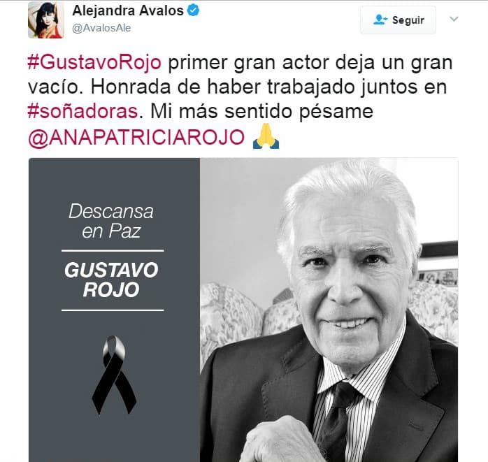 <b>Alejandra Ávalos</b> recordó con mucho cariño a
<b><a href="http://www.univision.com/temas/gustavo-rojo">Gustavo Rojo</a></b>, pues trabajaron juntos en 'Soñadoras', por lo que la actriz fue testigo del compromiso, respeto y responsabilidad que el actor imprimía en cada proyecto que realizaba dentro de las telenovelas.