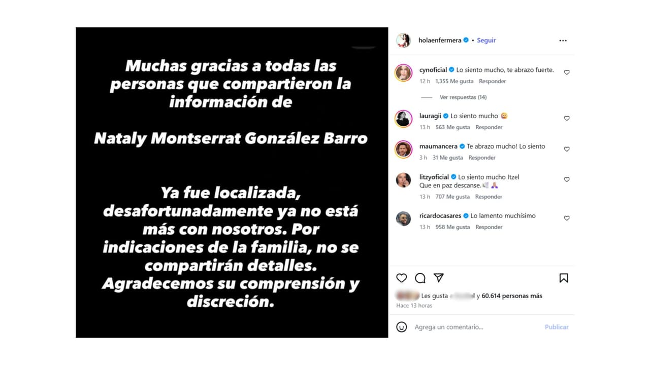 Itzel Barro confirmó el hallazgo sin vida de su familiar en Instagram.