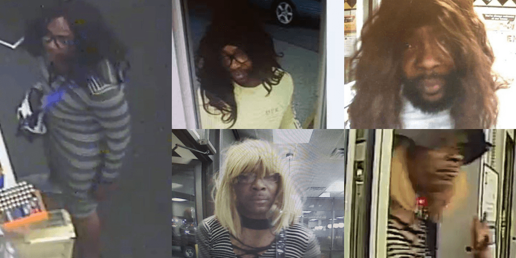 La policía busca al sujeto de la fotografía, acusado de robar varios locales en Gwinnett. El hombre usa pelucas