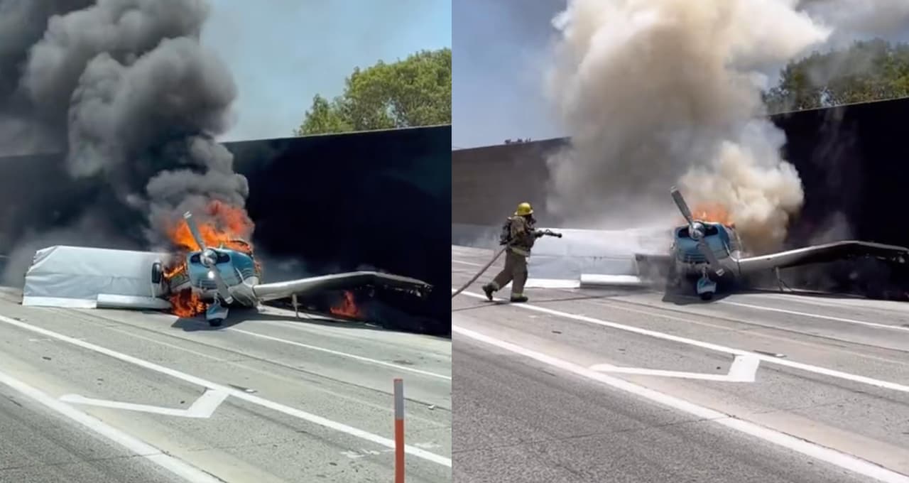 Video capta incendio de avioneta tras aterrizaje de emergencia en autopista del sur de California