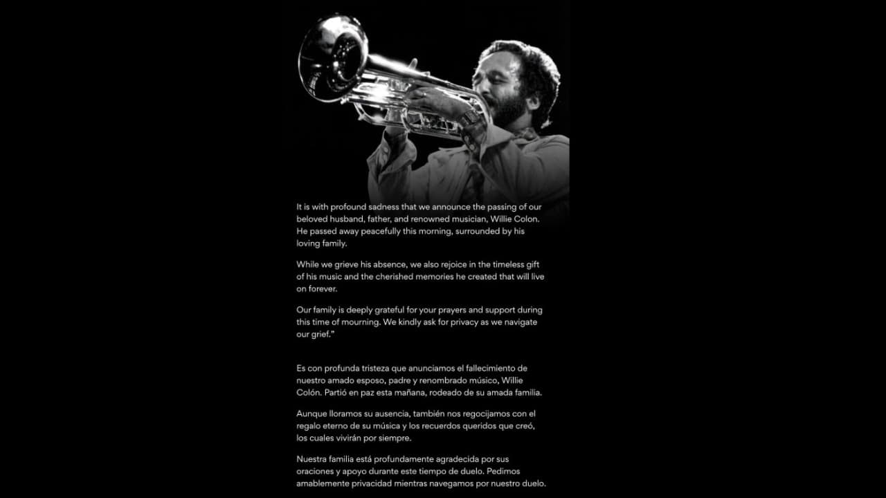 Comunicado de la familia de Willie Colón sobre su muerte.