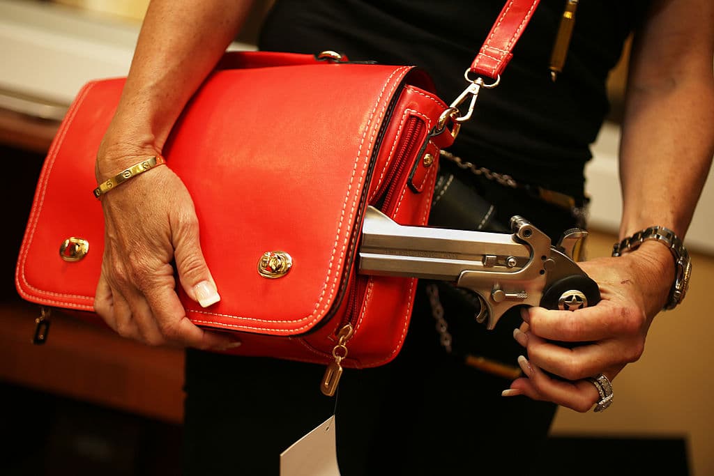 Susan Kushlin posa con una cartera para guardar armas escondidas, para su compañía Gun Girls, Inc., el 21 de octubre de 2013 en Boca Raton, Florida.