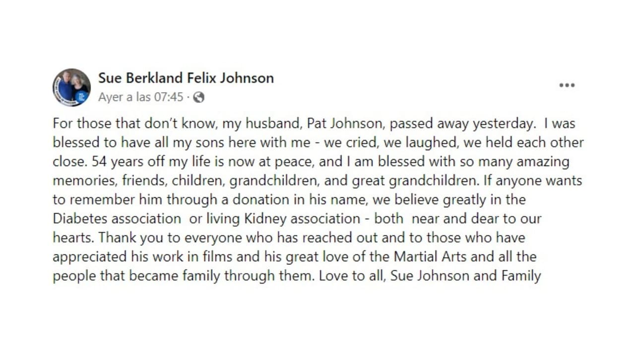 Esposa de Pat E. Johnson, Susan, anunció la muerte del actor.