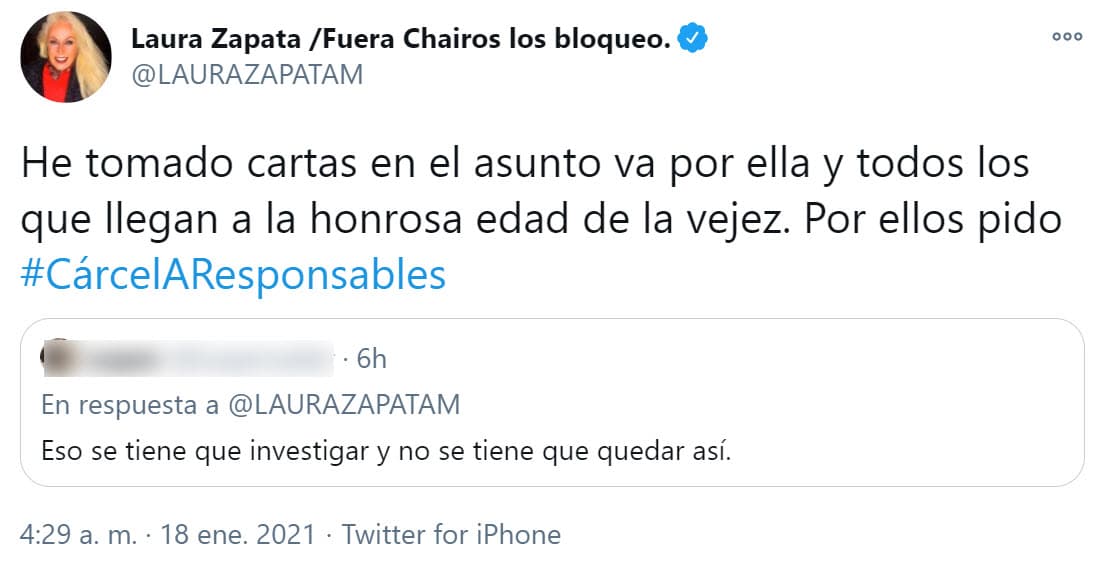 Laura Zapata sí ha sido más explícita y advirtió que 
<b><a href="https://twitter.com/LAURAZAPATAM/status/1351114373109059587" target="_blank">ya tomó "cartas en el asunto"</a></b> para que se investigue a quienes tienen la responsabilidad de velar por el buen estado de su abuela. 
<br>