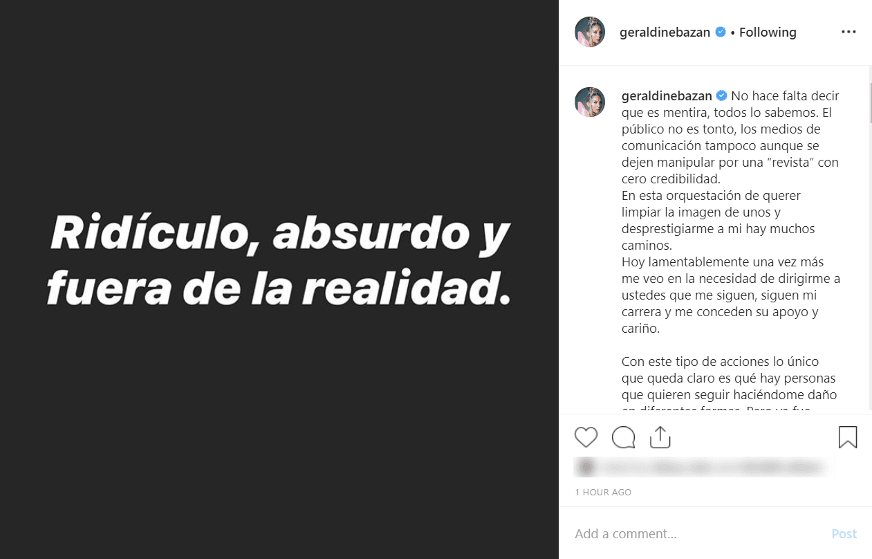 Con esta imagen, Geraldine inició su publicación en la que negó rotundamente lo publicado por la revista mexicana este martes 19 de noviembre.