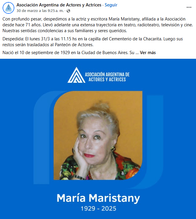 La Asociación Argentina de Actores y Actrices anunció la muerte de María Maristany.