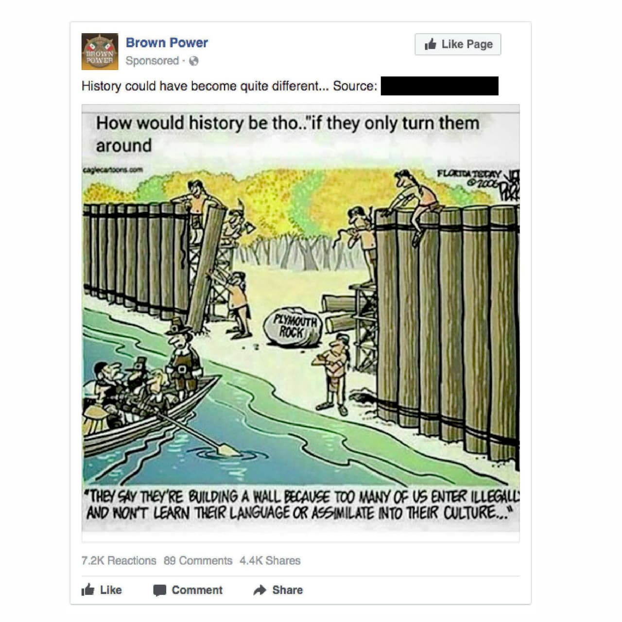 <b>Anuncio 2656.</b> “La historia habría sido diferente”. “Cómo sería la historia si ellos hubieran regresado”. “DICEN QUE ESTÁN HACIENDO UN MURO PORQUE MUCHOS DE NOSOTROS ENTRAMOS ILEGALMENTE Y NO APRENDEMOS SU IDIOMA O ASIMILAMOS SU CULTURA…”
<br>
<b>Costo:</b> 300 rublos (4.81 dólares).