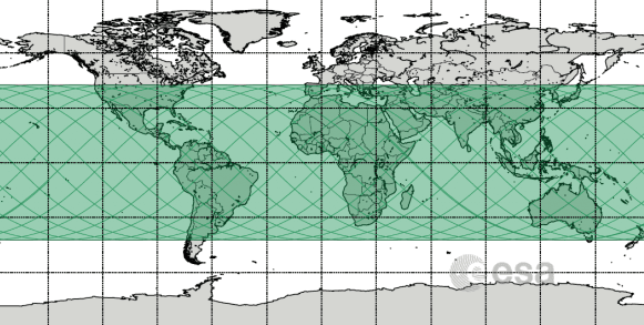 La franja verde muestra los lugares en los que podrían verse restos de la estación espacial china.