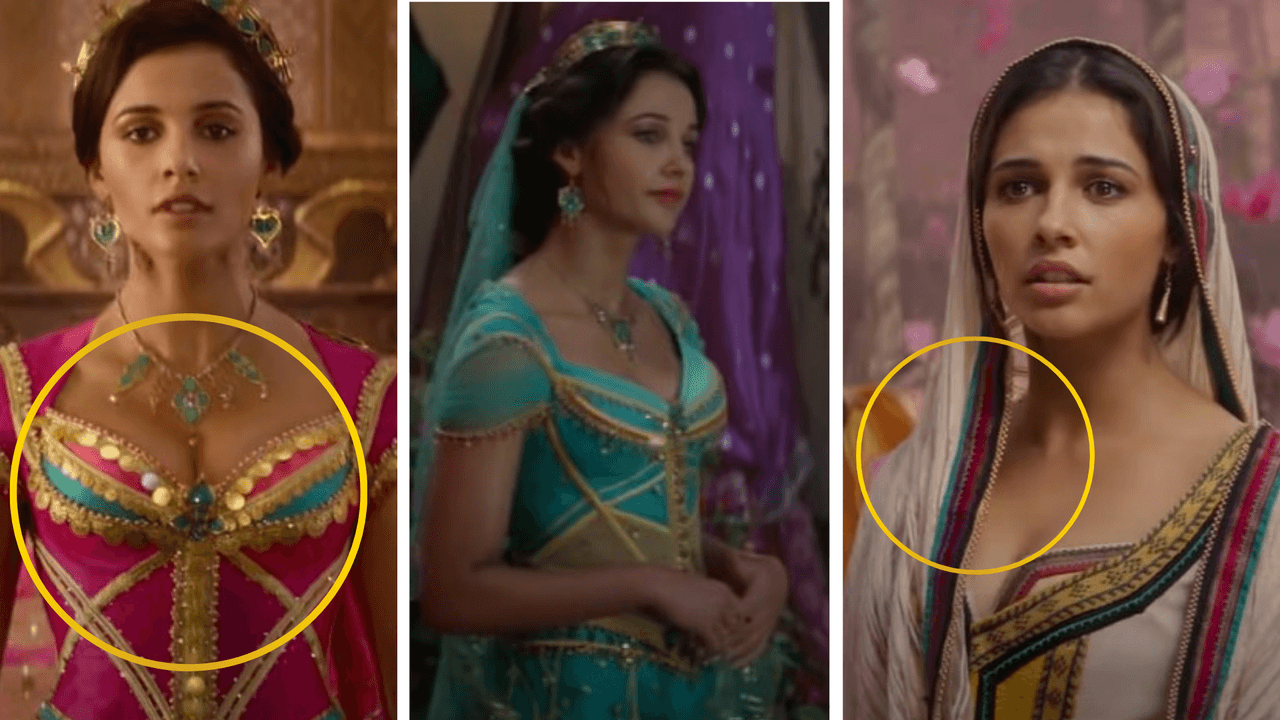<b>'Aladdín'</b>
<br>El diseñador de vestuario de la película 'live action' de 'Aladdin' se aseguró de que todos los vestuarios que usara Jasmín tuvieran al menos un toque de azul turquesa. Esto debido a que es el color con el que el público suele relacionar a la princesa.