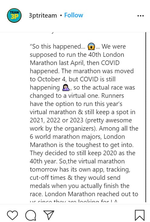 El marido de la corredora de 40 años les contó que su esposa había vencido al cáncer y que correr le había cambiado la vida. "¡También mencioné que decidí correr el maratón virtual porque es la edición 40 y también tengo 40!" agregó. 
<br>