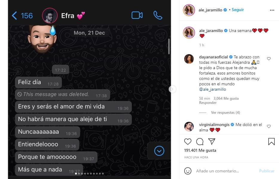 En un post del 3 de febrero de 2021, Jaramillo publicó 10 screenshots de las íntimas conversaciones que tenía con su pareja.