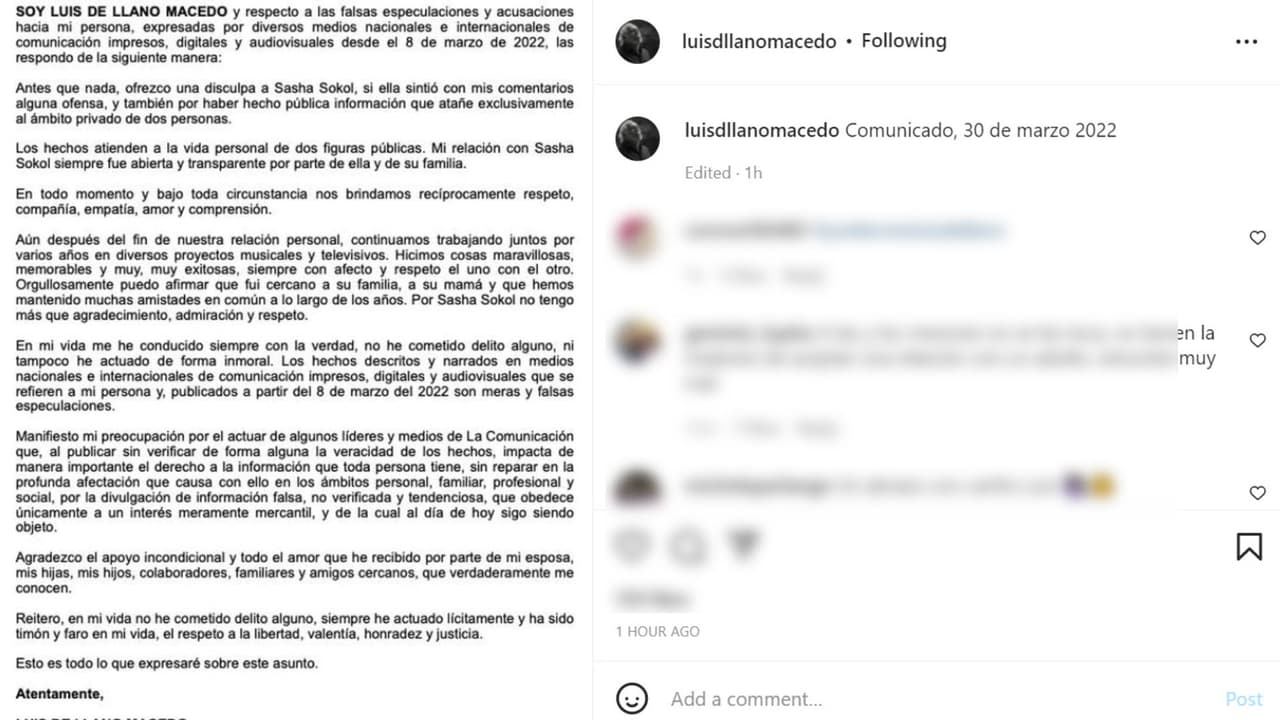 Con este comunicado, Luis de Llano se defendió de la acusación de Sasha Sökol.