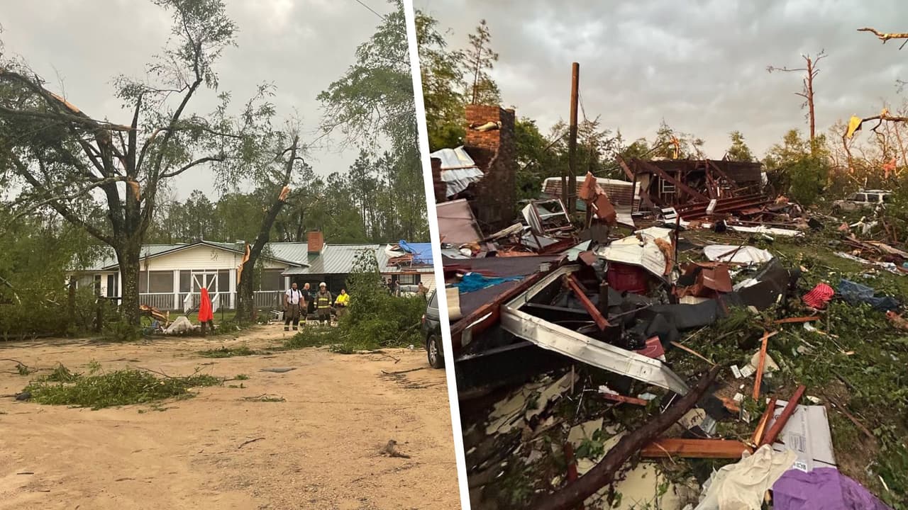 Daños por el paso de un tornado en el condado Liberty, Florida.