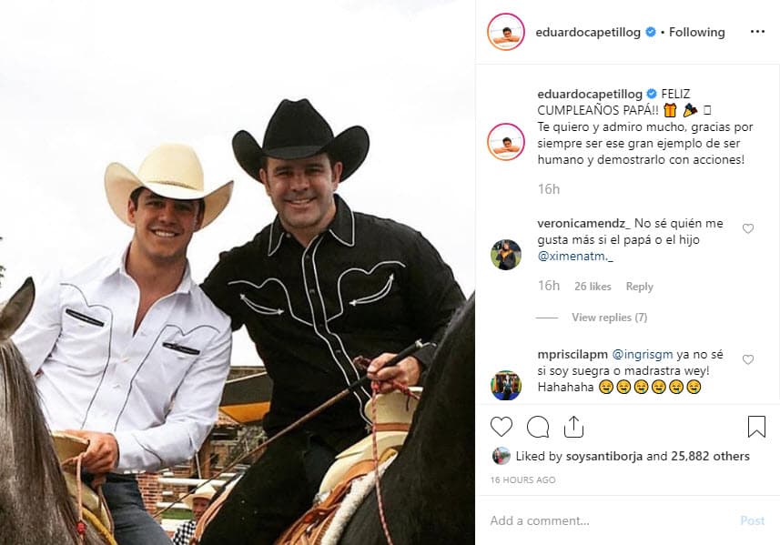 Eduardo, el primogénito de la pareja, compartió esta foto donde es evidente el gran parecido entre ambos: "¡Feliz cumpleaños papá! Te quiero y admiro mucho, gracias por siempre ser ese gran ejemplo de ser humano y demostrarlo con acciones".
<br>