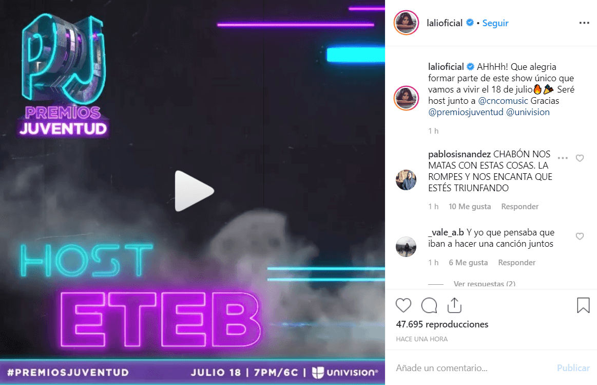 Lali, quien está nominada en la categoría Coreografías que Me Matan por su tema 'Caliente', que interpreta al lado de Pabllo Vittar, aprovechó para presumir que será parte de la conducción de la ceremonia que se realizará el 18 de julio.