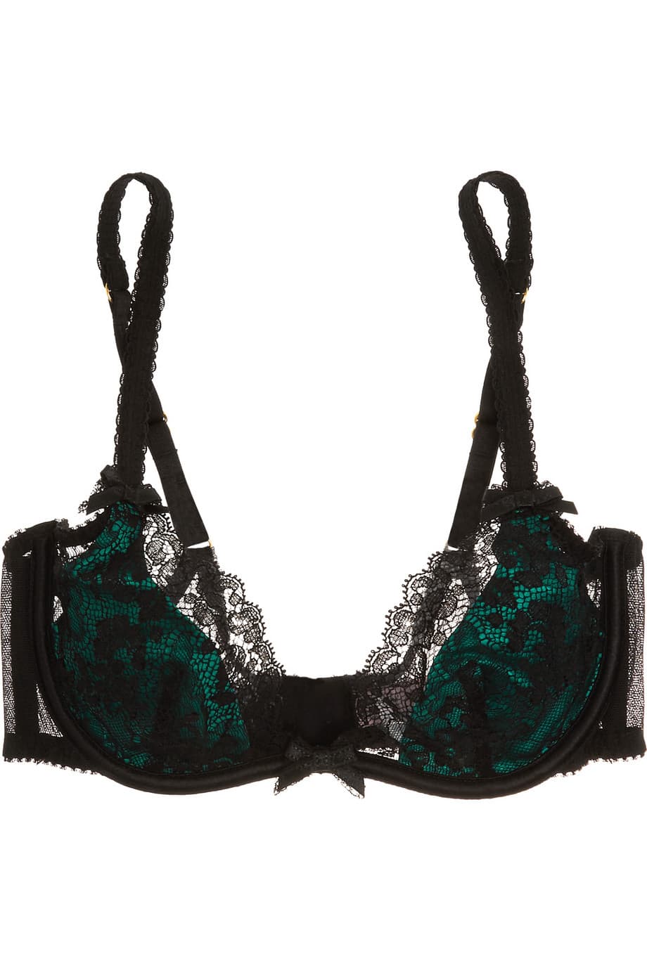 Agent Provocateur. Deja que el tono esmeralda que caracteriza a la temporada cobre un sentido mucho más sensual. Esta firma de lencería –que tiene por musa a Naomi Campbell– tiene la alternativa perfecta para desechar tu camisola (manchada de chocolate caliente) y sacar tu lado más hot. Ambos en poliamida y seda. Satin underwired bra, $220; net-a-porter.com