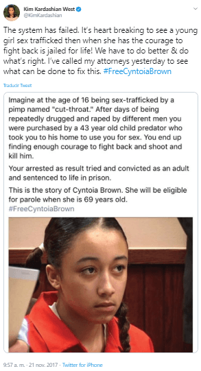Otro caso fue el de Cyntoia Brown, una mujer que había matado a un hombre que le pagó por servicios sexuales cuando era menor de edad. En noviembre de 2017, 
<b><a href="https://www.univision.com/noticias/carcel/rihanna-y-kardashian-piden-libertad-para-una-mujer-condenada-a-cadena-perpetua-por-matar-a-un-hombre-cuando-era-prostituida">Kim pidió su libertad</a></b> e incluso, llamó a sus abogados a revisar el caso.