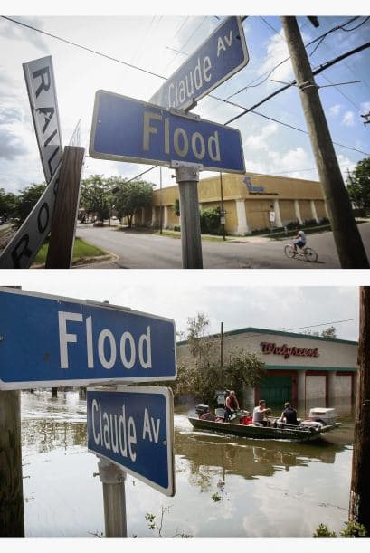 Un hombre anda en bicicleta en la calle St. Claude Avenue. Diz años antes, el lugar se encontraba lleno de agua. Incluso algunas lanchas circulaban.