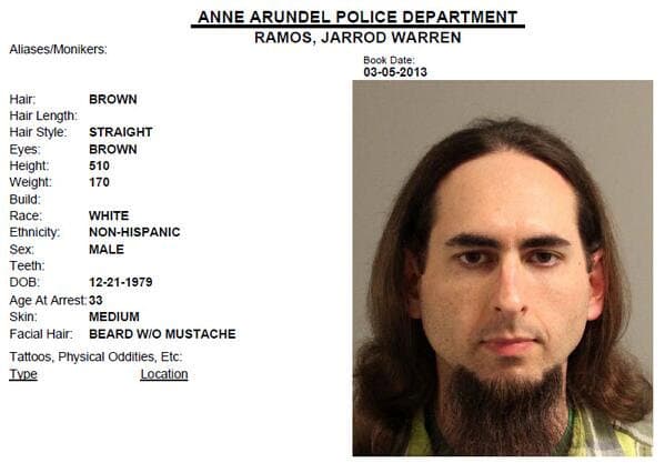 Jarrod Ramos, suspected of killing five people at the offices of the Capital Gazette newspaper office in Annapolis, Maryland, U.S., June 28, 2018 is seen in this 2013 Anne Arundel Police Department booking photo obtained from social media. Social media via REUTERS ATTENTION EDITORS - THIS IMAGE HAS BEEN SUPPLIED BY A THIRD PARTY.