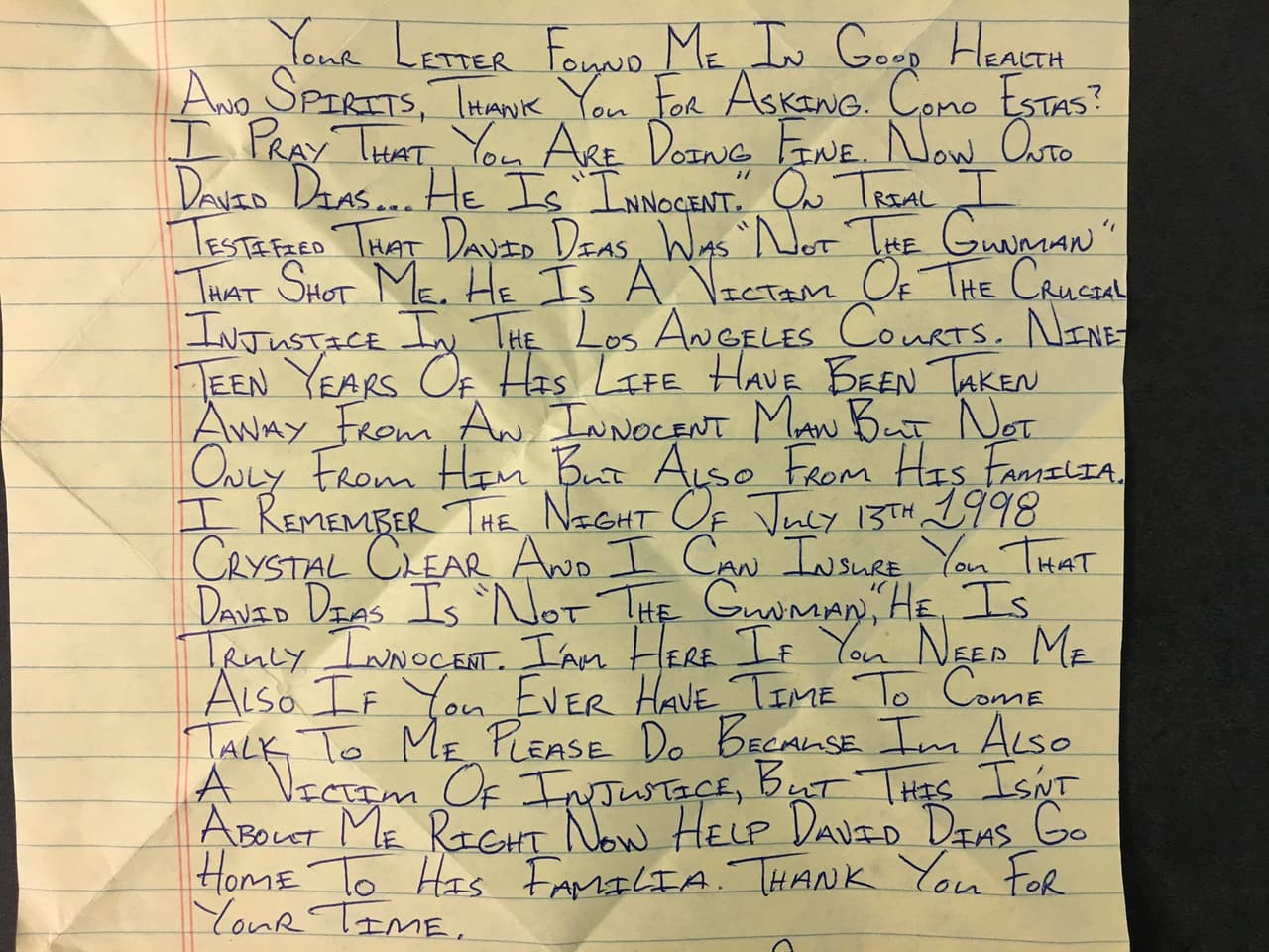 The victim of the shooting, Remberto Preciado, testified before a jury that Diaz "was not the gunman" who shot him in the leg, he said in a letter sent to Univision News.