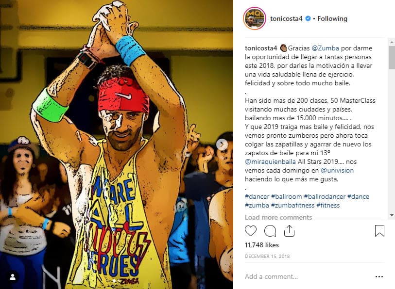 El 15 de diciembre de 2018 Toni publicó esta fotografía con un mensaje para anunciar que se alejaría un tiempo de las clases de Zumba para formar parte de Mira Quién Baila All Stars.
<br>