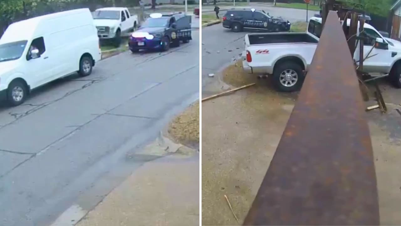 <b>Un joven sin licencia perdió el control de su camioneta en una calle mojada y chocó contra una patrulla en Farmers Branch, Texas.</b> El accidente fue captado en video. El oficial se salvó por segundos. Autoridades advierten sobre los riesgos de manejar sin experiencia y en condiciones peligrosas. Padres y jóvenes deben tomar precauciones antes de salir a la carretera.