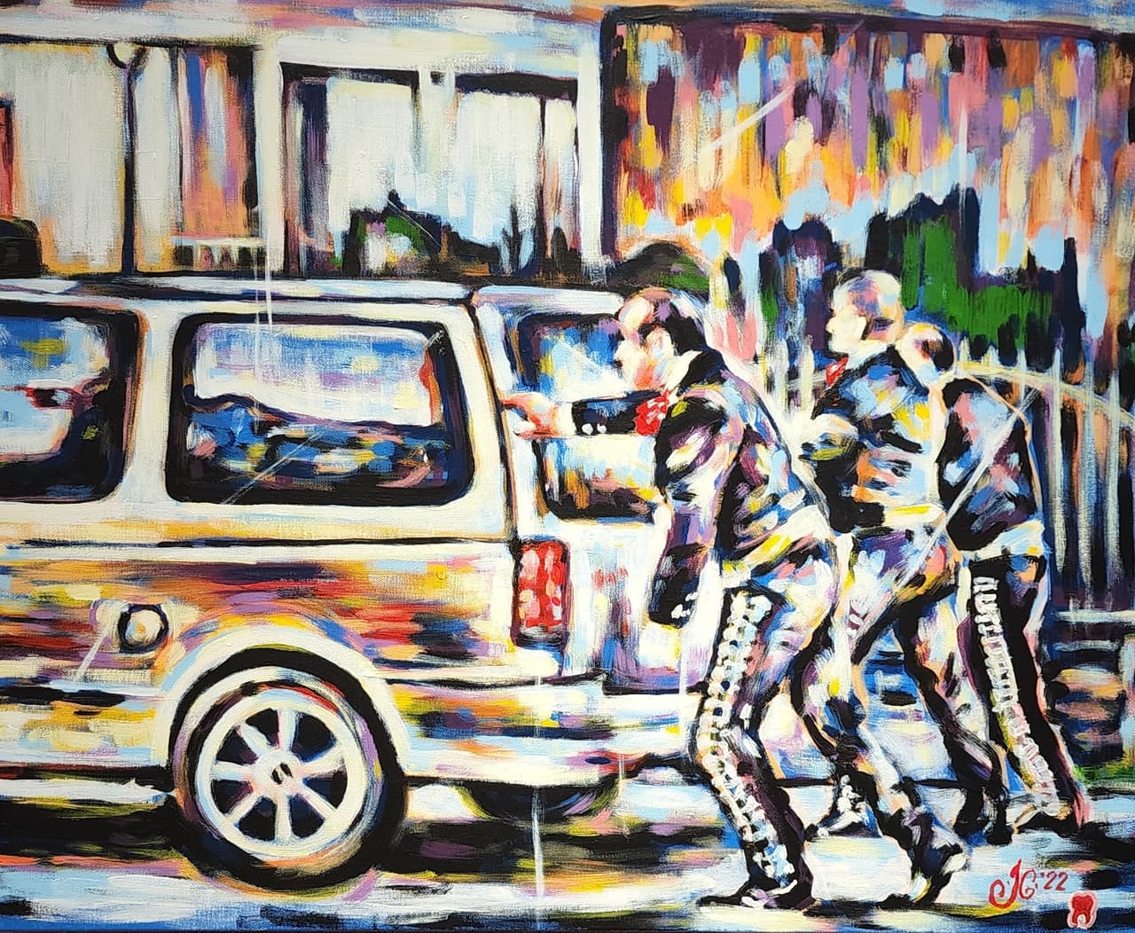 Las siguientes son algunas de las obras que se exponen en el Centro Cheech Marín para el Arte y la Cultura Chicana.
<br>
<br>Obra por 
<i>Mariachi Breakdown, 2022. </i>Acrílico sobre lienzo.