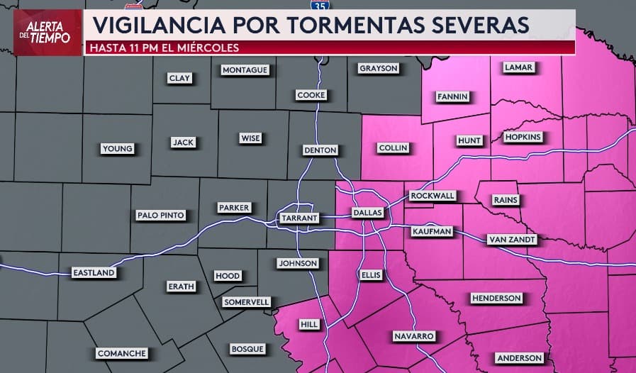 <b>Vigilancia por tormentas severas hasta las 11 p.m. de este miércoles</b>, para varios condados en el norte de Texas,
<b>incluidos Dallas, Ellis y Collin</b>. Esto significa que, en las próximas horas,
<b>las condiciones en estos condados serán favorables para el desarrollo de tormentas severas</b>, con la posibilidad de
<b>granizo grande y vientos de hasta 60 mph.</b>