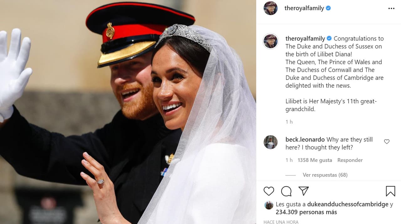 La monarca lo hizo con esta foto para darle la bienvenida a su décimo primera bisnieta: "
<b><a href="https://www.instagram.com/p/CPyijxxnkdB/" target="_blank">¡Felicitaciones a los duques de Sussex por el nacimiento de Lilibet Diana!</a></b> La reina, el príncipe de Gales y la duquesa de Cornualles y los duques de Cambridge están encantados con la noticia", se lee en el mensaje que compartió.