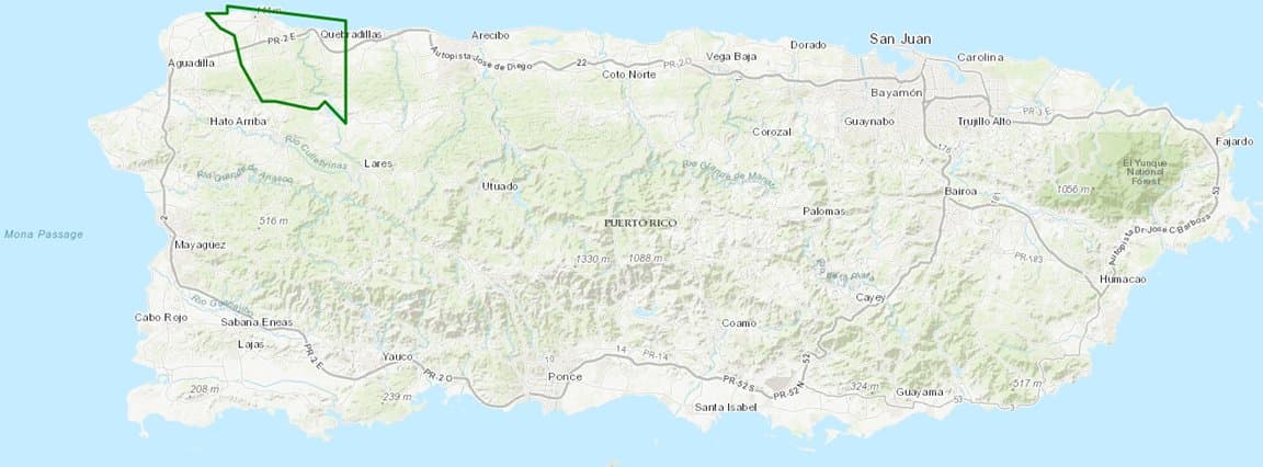 Mapa de la zona bajo emergencia de inundaciones en la cuenca del río Guajataca en el noroeste de la isla.