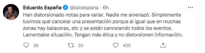 Lalo España aclara que nadie lo amenazó.
