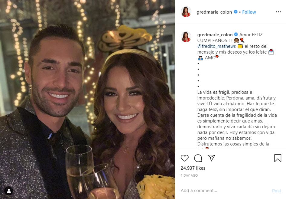 La puertorriqueña lo felicitó con un cariñoso mensaje: "
<b>Amor feliz cumpleaños Fredito Mathews</b>. El resto del mensaje y mis deseos ya los leíste. Te amo".
<br>