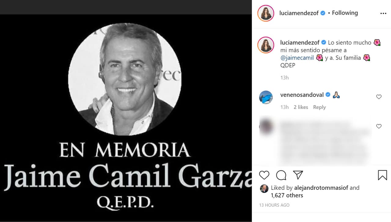 La actriz y cantante Lucía Méndez dedicó esta publicación al fallecido empresario y envió un mensaje de ánimo a su famoso hijo. "Lo siento mucho. 
<b><a href="https://www.instagram.com/p/CIenQOVHfVk/" target="_blank">Mi más sentido pésame a Jaime Camil</a></b> y a su familia".