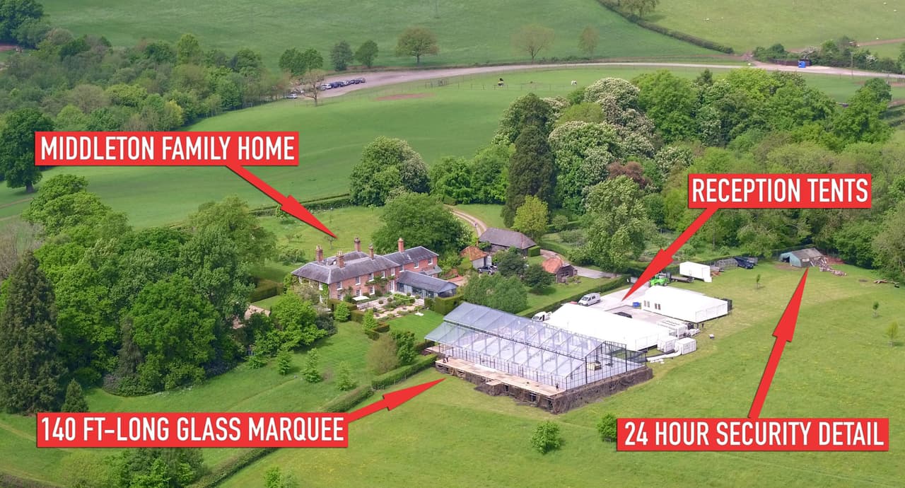 Aquí te lo explicamos: la construcción de la izquierda es la casa de los Middleton en Bucklebury, Berkshire, Inglaterra. Las carpas blancas son el sitio donde se llevará a cabo de la recepción y la marquesina de cristal es donde se llevará a cabo la fiesta.