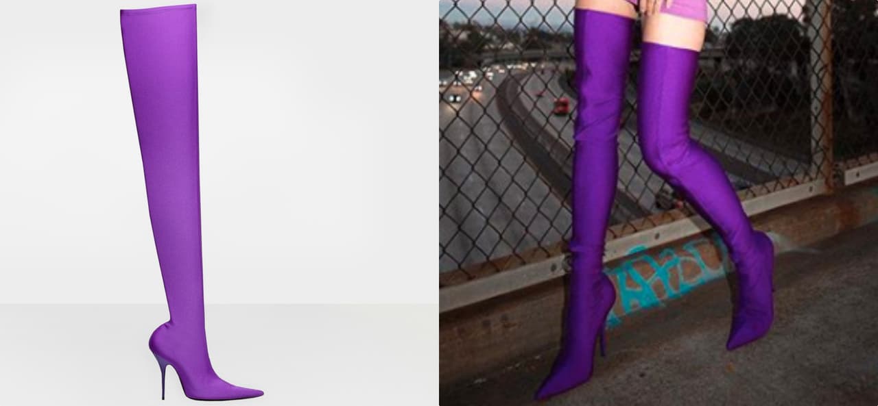 Luego vimos que se trataba de las famosísimas botas elásticas sobre la rodilla de la marca española
<b><a href="https://www.balenciaga.com/us/boots_cod11200738tc.html">Balenciaga llamadas Knife</a></b> (cuchillo). Las botas están inspiradas en la línea afilada de un puñal,
<a href="https://www.barneys.com/product/balenciaga-knife-tech-jersey-over-the-knee-boots-505452612.html?utm_source=google&utm_medium=cpc&utm_campaign=BNY-PLA-US-GGL-DB-Balenciaga_PSP&utm_content=Balenciaga-womens-boots&product_partition_id=364151895567&product_id=00505054526242&adtype=pla&gclid=Cj0KCQjwqsHWBRDsARIsALPWMEMws2o_xjrREN5nn7SA2-BO8R4PFsswoCQUK-qQUXgvSVrBGcZNfW0aArRoEALw_wcB">cuestan $1690 dólares</a> y son las favoritas de celebridades como Kendall Jenner y Salma Hayek.